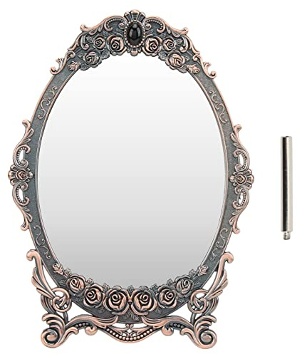Beufee Vintage-Make-up-Spiegel, Tischspiegel, antiker Kosmetikspiegel, dekorativer Spiegel, floral geprägte Perlenkanten, klares Bild, funktionaler Schminkspiegel mit Ständer (Kupferspiegel)