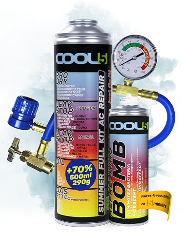 COOL5 recharge gaz de remplacement r134a, réfrigérant de remplacement r134a pour climatisation automobile - 1 boîte 5en1, 290 g + tuyau de mesure + rafraîchisseur + APC 500ml