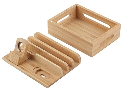 Ccharging Station, Wood Desktop Mobiltelefon Stand Trätablett Holder Desk Mobiltelefon Arrangör Standklocka Rack Hållare Laddningsdocka för Flera Enheter