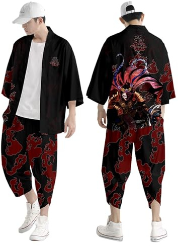 DUHENWU Set di Giacche Kimono Giapponesi per Uomini, Stile Cinese, Taglio Largo, Giacca e Pantaloni Sportivi per il Tempo Libero, Cardigan e Pantaloni Sportivi, Tuta da Jogging Estiva, Stampa 3D Retrò