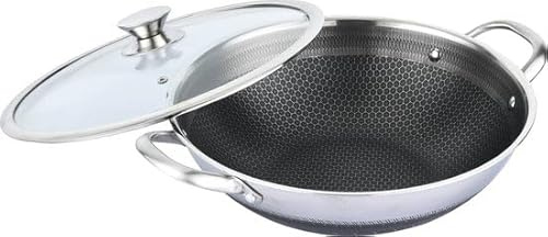 Cheffinger poêle wok avec structure en nid d'abeille, revêtement antiadhésif, acier inoxydable, couvercle en verre, convient à l'induction, passe au lave-vaisselle, argent, 32 cm de diamètre, 3 l