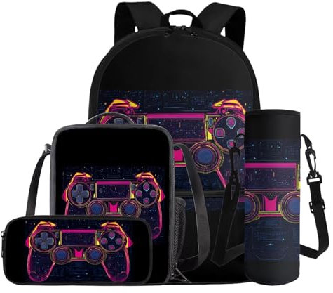 Dolyues Game Console Backpack with Lunch Box Boys Gaming Backpack 10-12 Years Old 4pcs Bookbag Set with Water Bottle Sleeve for Camping