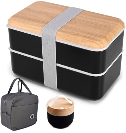 OUZHOU Lunch Box 2 Tier with Soup Bowl, Insulated Bag and Cutlery, 1400ML Bento Box with Adjustable Compartments for Adults and Kids, Stackable Lunch Containers Leak-Proof Lunchbox Microwaveable Safe