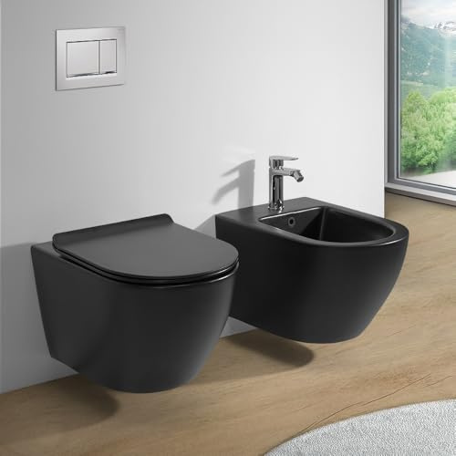 Coppia Sanitari Sospesi Tokyo Rimless Nero Opaco WC E Bidet Con Sedile Soft-Close