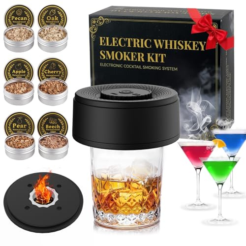 Souroyea Cocktail & Whiskey Smoker Kit - Old Fashioned Smoker Kit with 6 Flavors Wood Chips, Built-in Rechargeable Electric Lighter, No Butane Needed, Bourbon Whisky Christmas Gifts for Men & Dad