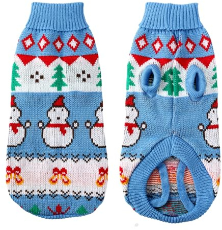 Hundepullover Weihnachten Rollkragen Strickpullover für Kleine Mittelgroße Hunde Weihnachtsdesign Warm Baumwolle(Blauer Schneemann,L)