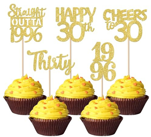 Xsstarmi 30 Pack Happy 30th Birthday Cupcake Toppers Gold Glitter Thirty Straight Outta 1996 Cupcake Picks for Cheers to 30 Years 30th Birthday Anniversary Party Cake Decorations