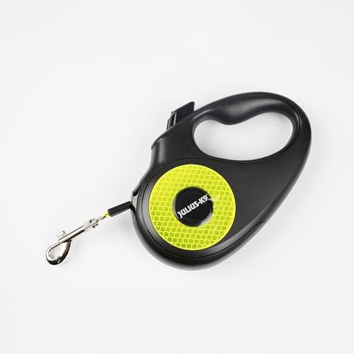 Julius-K9 Rollleine, S - 5 m Band, Schwarz/Neongrün – Rutschfester Griff, Bandleine, ausziehbar, Einhandbremse, Pause, Feststellfunktion, reflektierendes Band, verwicklungsfrei, strapazierfähig