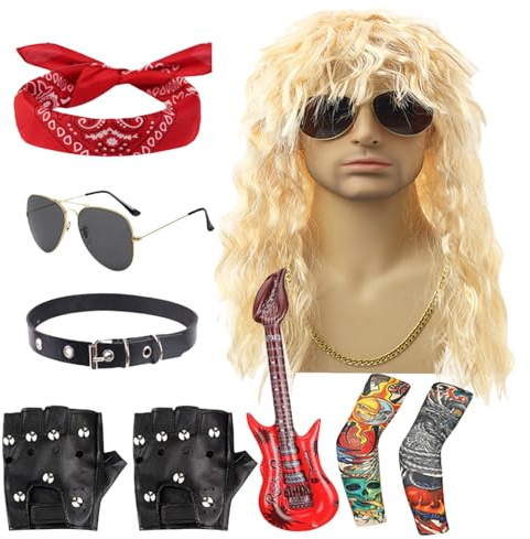 Tongfer 80s Rocker Costume | Heavy Metal Cosplay Outfit,Wig Sunglasses Set Punk Style Costume for Stage Performance Outdoor Musical Festival Beach Halloween Holiday Women Men