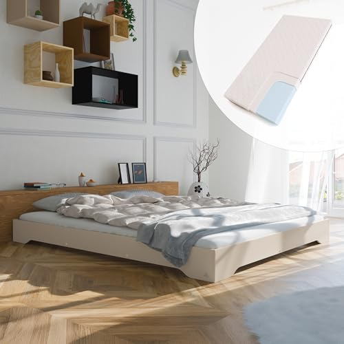 smartwood Säng 160x190 cm med Madrass & Ribbotten, Furuträ, Kashmir, TILA 7 | Sängram, dubbelsäng i FSC-furuplywood, upp till 300 kg, enkel montering, rundade kanter, skandinavisk stil