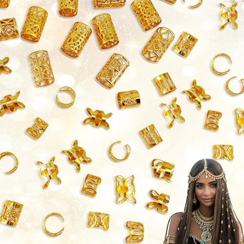 SoundZero 50 Stück Verstellbar Metall Cuffs, Haarspiralen Clips Haarschmuck, Set Gold-Haarschmuck, Verstellbarer Loc Schmuck für Zöpfe, Dreadlocks-Accessoires