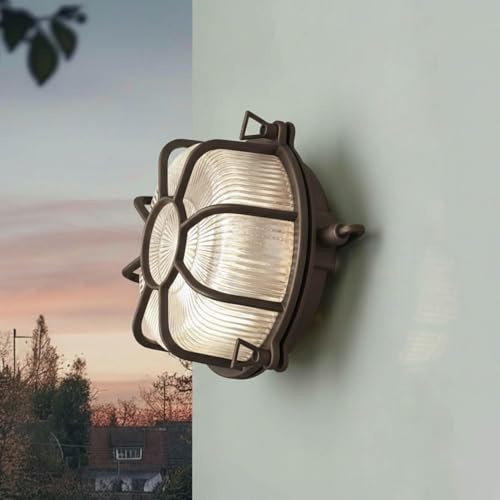 Licht-Erlebnisse Wandleuchte Schwarz antik Glas Messing Außenleuchte rund Ø 22 cm IP64 E27 Maritim Wandlampe außen Kellerleuchte Feuchtraumleuchte