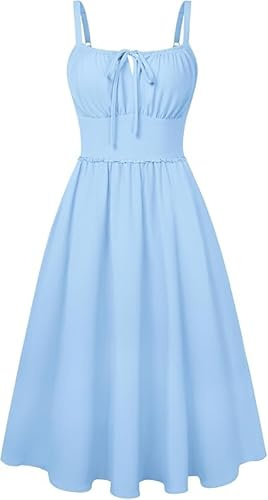 Belle Poque Abiti estivi da donna, scollo quadrato, con spalline sottili, linea A, abito estivo midi, abito casual da spiaggia per le vacanze, Azzurro, S