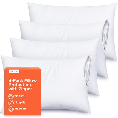 Ultra Soft Pillow Protectors with Zipper Queen Size - Set of 4 Breathable Pillow Covers - 100% Protection Against Stains, Dust & Dirt - Machine Washable (White)