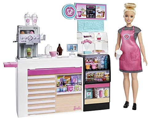 Barbie GMW03 - Naschcafé Spielset, kurviger Blonde (30,4 cm), +20 realistische Spielteile: Maschine, Milch, Sirup, Kaffeebecher, Wasserflaschen, Süßigkeiten, Snacks und mehr, ab 3 Jahren