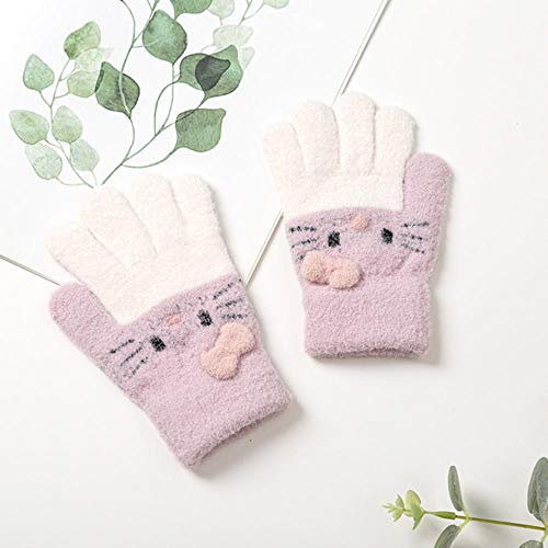 UKKD Handschuhe Winter Gestrickte Kinder Handschuhe Warme Weiche Kaninchen Wolle Cartoons Kinder Handschuhe Kind Voller Finger-Baby-Mädchen Fäustlinge,Lila