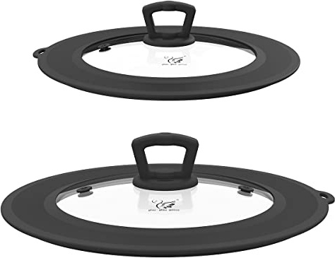Set of 2 Vented Tempered Glass Universal Lid for Pot Pan Skillet with Heat Resistant Silicone Microwave Safe Splatter Lid Cover Fit 8” 8.5” 9“ and 9.5“ 10” 10.5“ 11”, Black