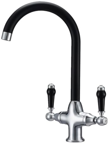 Kitchen Mixer Sink Tap with Black Ceramic Dual Lever, Traditional Monobloc Kitchen Faucet Mixers with Swivel Spout, Chrome and Matte Black