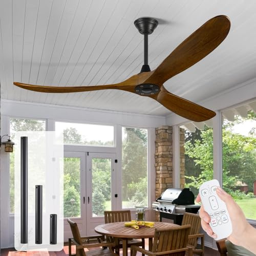 OUENGK Ventilateur de plafond moderne sans lampe, ventilateur de plafond extérieur sans lampe, ventilateur de plafond extérieur en bois intérieur avec télécommande (152 cm, Le Brun)