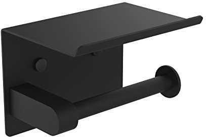 Ibergrif Portarotolo di carta igienica cromato con ripiano, montaggio a parete o autoadesivo, per bagno o cucina, in acciaio inox, nero, MK34053B