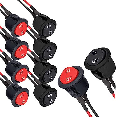 RUNCCI-YUN 10PCS Runde Wippschalter ON-OFF Kippschalter 12V KFZ Schalter SPST Mini Wippschalter 20mm 2-pin 6A/250V 10A/125V AC für Motorrad, Limousine, Boot (Rot Schwarzmit Draht)