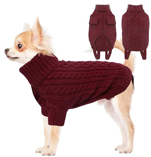 LiebeDD Weihnachtspullover Hund Kuschelig Hundepulli Kleine Hunde, Rollkragen Strick Hundepullover Weihnachten Pullover Hund mit Geschirrloch, Chihuahua Kleidung (Burgunder Rot XS)