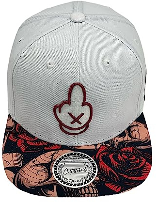 Outfitfabrik Snapback Cap „Comic Finger“ in weiß, Schirm mit Rosen-Skull-Motiv, 3D-Stick (Lifestyle, Provokation, Statement) Unisex, verstellbar