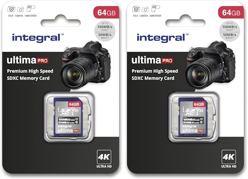 Integral 64GB SD Card 4K Ultra-HD Video High Speed SDXC V30 UHS-I U3 Class 10 Memory Card up to 100MB/s, Color May Vary (Pack of 2)
