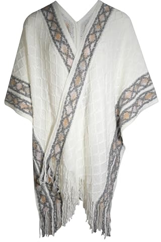 ZLYC Damen Weiche Schlichte Poncho Capes Retro Cardigans Pullover(Plain White)