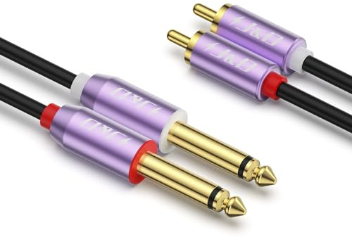 J&D Dual 1/4 Zoll TS zu Dual RCA Kabel, Violett Aluminiumlegierungs-Gehäuse Vergoldet 2x6,35 mm Männlich TS zu 2 RCA Männlich Adapter Verbindungskabel für Mischpult Verstärker Lautsprecher, 1,8 M