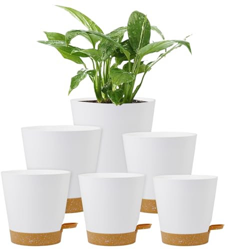 Homeuouz 6 Pack Self Watering Plant Pots Indoor-20/17.5/16.5/15/14/12.5CM Plastic Flower Pots with Drainage Holes, Saucer & Reservoir, for House Plants, Herbs & Succulents(White)