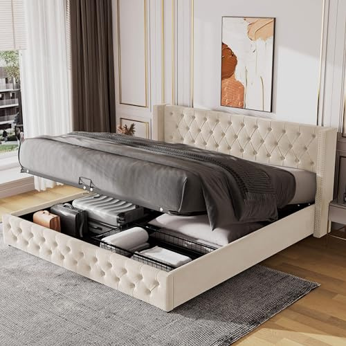 HYUB Polsterbett 140x200cm mit Lattenrost aus Metallrahmen, Hydraulisch Stauraumbett Doppelbett mit Rückenlehne und Bettkasten, Bettunterseite ist mit Schmutzabweisenden Vliesstoff, Beige