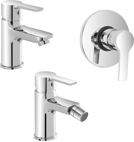 Set miscelatori lavabo bidet e doccia incasso, in ottone cromato con piletta automatica per lavabo e bidet, serie PRIMA