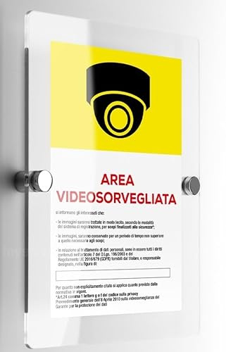 Global Targa Cartello in plexiglass - Area videosorvegliata 360 gradi giallo - Con Distanziali in acciaio inox (30x42 cm)