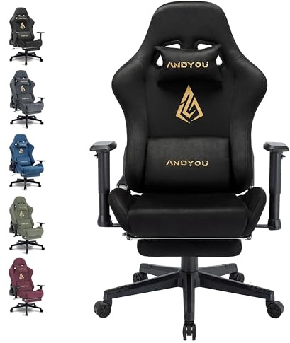 Andyou Gaming Stuhl – Ergonomischer Gaming Sessel Erwachsene, Gamingstuhl mit Fußstütze, Atmungsaktiver Stoff Bürostuhl, Höhenverstellbarer Gaming Chair