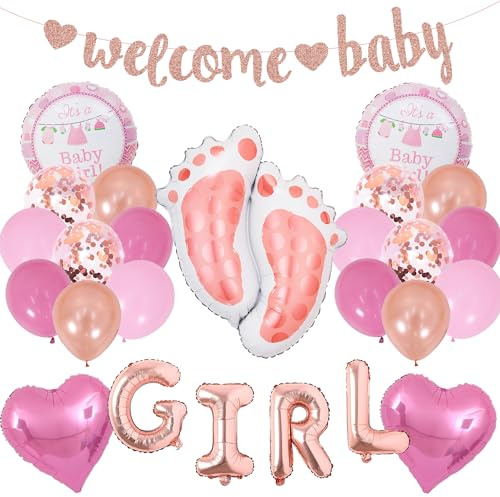Baby Shower Dekoratione Mädchen Rosa - 38 Stück Babyparty Deko, Welcome Baby Glitzerbanner, Fußfolienballons, Herzen Und Runde Folienballons für Mädchen Baby Shower Gender Reveal Party Dekoration