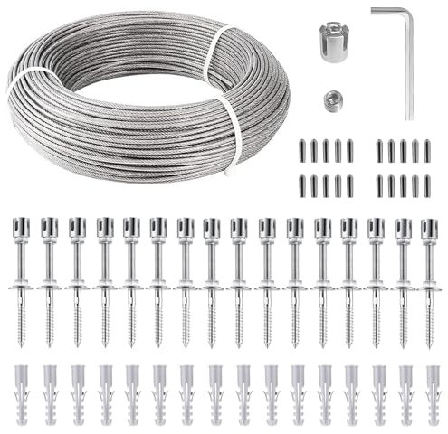 Premium Rankhilfe aus Edelstahl für Tomaten und Kletterpflanzen, Das Optimale Rankhilfe Netz für Garten, Komplettset mit Wandhaltern und 3mm Stahlseil (12 Meter + 8 Kreuzspannfutter)