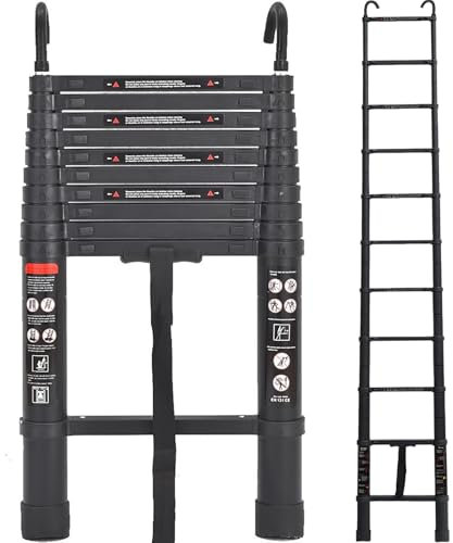 Exleiter Aluminum Telescoping Ladder, 3.2M/10.5FT Portable Extension Ladder with 2 Detachable Hooks Extendable Folding Ladder Anti-Slip Loft Ladder with Certificate EN 131, Black
