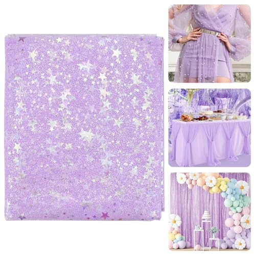 SLTAXAR Tüllstoff Glitzer Lila Dekostoff mit Sternen Sparkly Stoff 160 * 200cm Glitzer Tüll Tüllband Deko Stoffe Glitzer Garn Tüll Weich und Fein Dekoband für DIY Bekleidung Deko Weihnachten Hochzeit