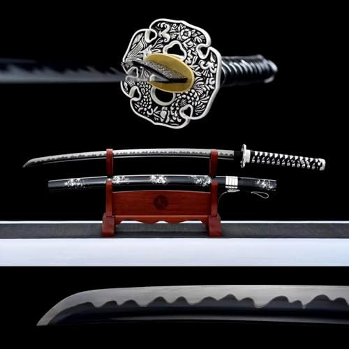 103cm handgefertigtes Katana mit Naturholz-Saya,Schwarzem Manganstahl Klinge mit handgeschliffenen Wellenlinien,echtes Samurai-Schwert für Cosplay,Dekor,Geschenke,Sammeln,Ausstellen,Kampfsport,Kendo
