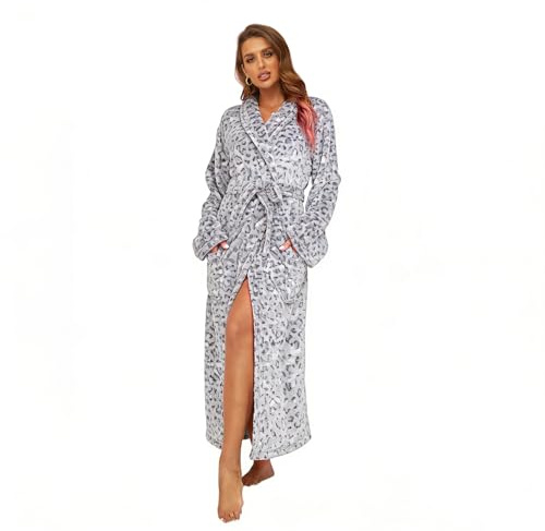 RONGTAI Badrock för kvinnor fleece plysch varm lång morgonrock fleece nattlinne nattkläder, Grå leopard, S