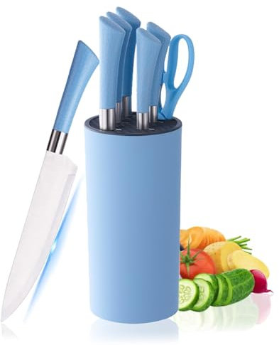 Kitchen Knife Set, 7-Pieces Blue Stainless Steel Knife Block Set with Sharp Blades, Professional Chef Knife Set with Ergonomic Handle for for Chopping, Slicing, Dicing Cutting (Blue)
