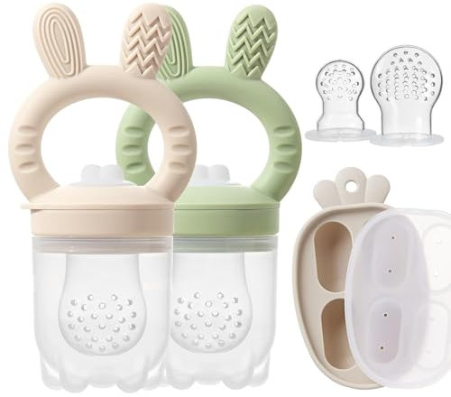 Silikon-Frucht-Futterspender mit Gefrierfach für Knabbertablett Combo, Baby Fresh & Frozen Food Feeder Popsicle Formen zur Linderung des Zahnens inklusive extra Lebensmittelbeuteln (Beige+Grün)