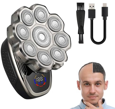 Rasoio elettrico 9D per uomini calvi, 2025, rasoio elettrico da uomo, IPX6, impermeabile, a secco/umido, con display LED, 100% lavabile, ergonomico, rasoio elettrico rotante da uomo (con ricarica