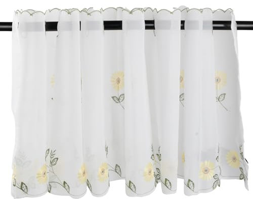Zimoer Valance Curtain 43 * 200CM– Net Half Sheer Valance Curtains,Short Sheer Curtain,Sunflower Embroidered Pelmet for Kitchen,Cafe,Bathroom, Kitchen,Small Windows, Living Room and Bedroom
