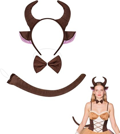 Stier Horn Stirnband Stier Kostüm Zubehör Set 3-teilig inklusive braunem Horn Stirnband mit Ohren, Fliege und Schwanz