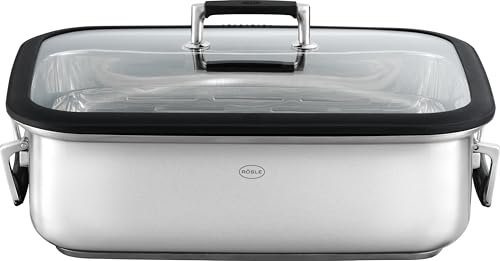 RÖSLE Silence Pro Cocotte rectangulaire de qualité supérieure avec couvercle en verre, acier inoxydable 18/10, passe au four, à induction, passe au lave-vaisselle, argenté