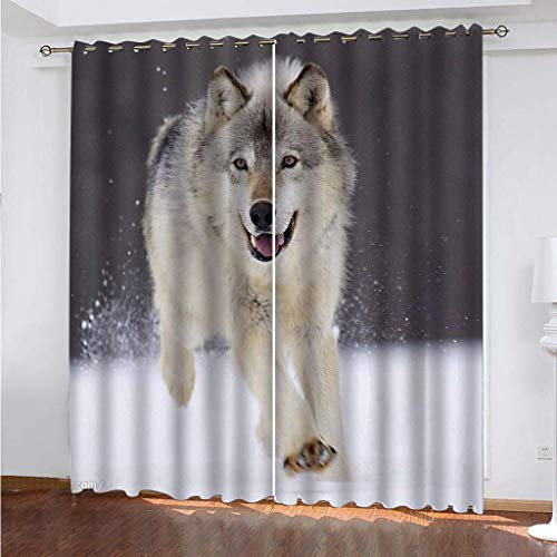 MAYNUO Blickdichte Vorhänge Mit Motiv 3D Tier Schneewolf Kinder Gardinen Ösen Gardine Thermo 280x160 cm Schlafzimmer Kinderzimmer Vorhange Dekoratives Muster, Verdunklungsvorhänge