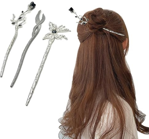 BRDXOOL 3 Stück Metall Haarnadeln Schwarz für Lange Haare Damen Rose, Schmetterling, Phönixfeder Design, Eleganter Chinesischer Stil Retro Haarnadel Haarschmuck Frisurenzubehör Geschenk
