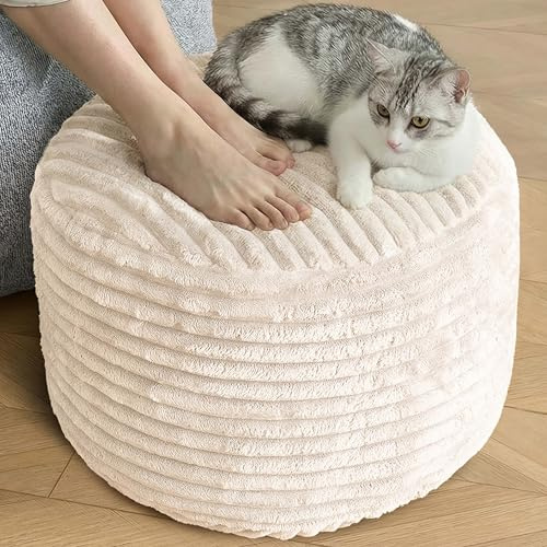 SHOUREN Stuffed Round Pouf Ottoman,Corduroy Foot Rest with Shredded Foam Filling, Lightweight and Fluffy Pouf Storage Ottoman for Living Room,Floor Poufs for Couch,20x15, Beige